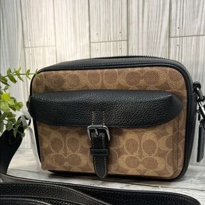 Coach Signature Canvas Brown Black Leather Trim Crossbody Bag